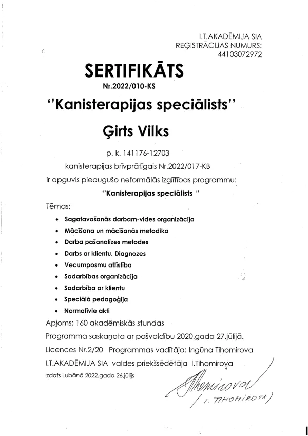 Ģirts Vilks - Kansiterapijas spieciālista sertifikāts