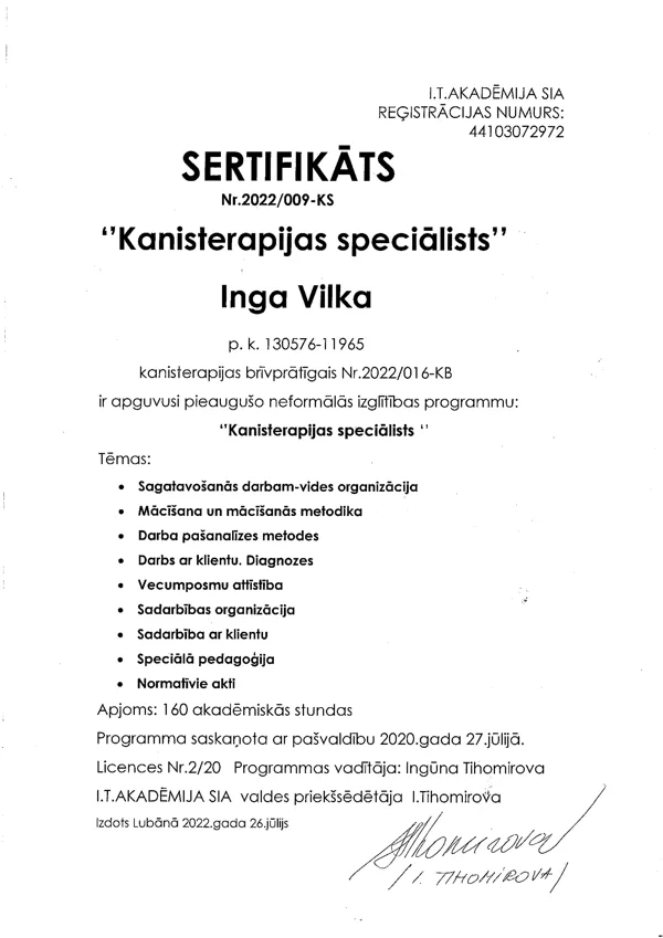 Inga Vilka - Kansiterapijas spieciālista sertifikāts